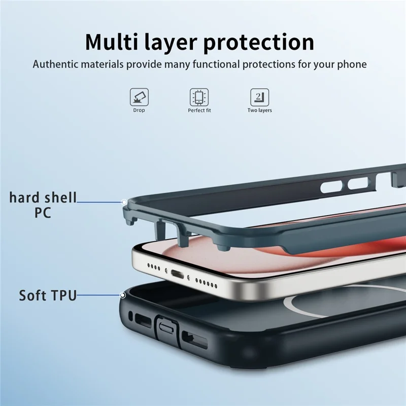 For iPhone 15 Case Compatible with MagSafe Lens Frame Kickstand TPU + PC Shockproof Phone Cover - Sapphire + Blue