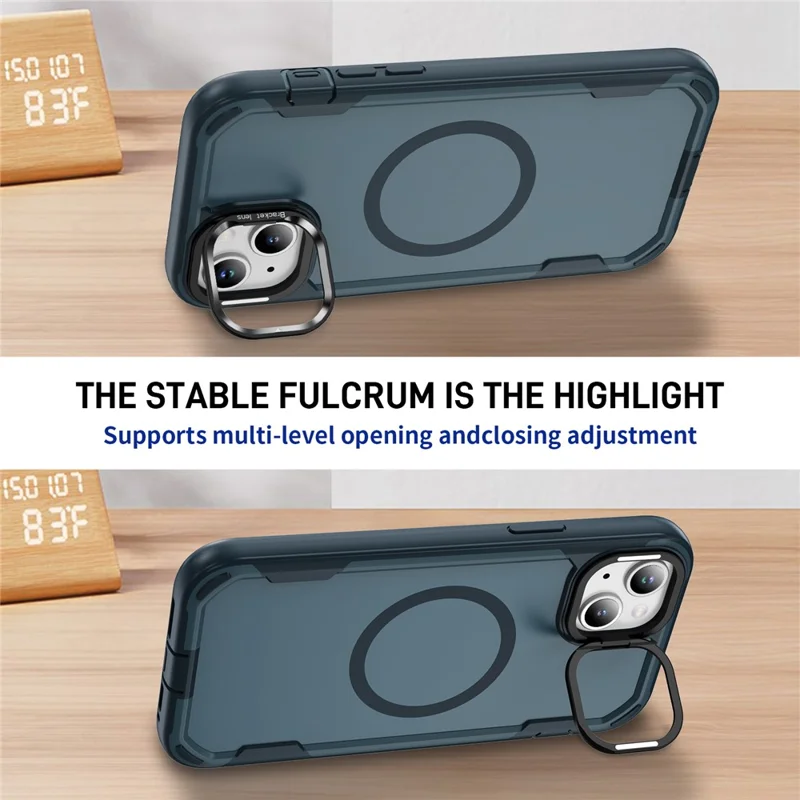 For iPhone 15 Case Compatible with MagSafe Lens Frame Kickstand TPU + PC Shockproof Phone Cover - Sapphire + Blue