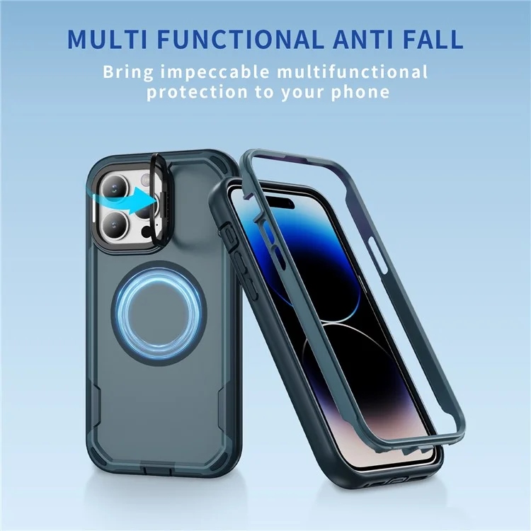 For iPhone 14 Pro Max Case Compatible with MagSafe Lens Frame Kickstand TPU + PC Shockproof Phone Cover - Sapphire + Blue