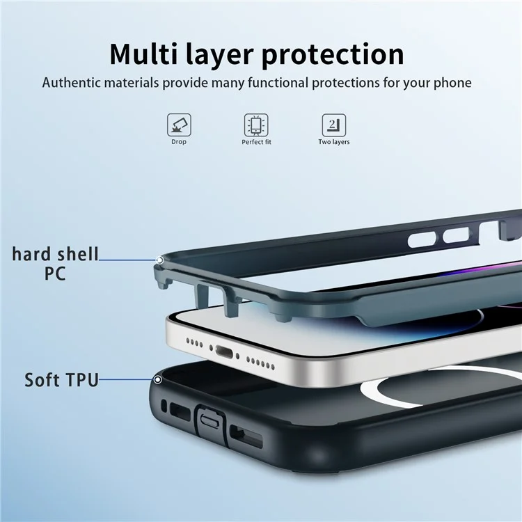 For iPhone 14 Pro Max Case Compatible with MagSafe Lens Frame Kickstand TPU + PC Shockproof Phone Cover - Sapphire + Blue