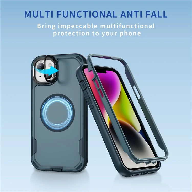 For iPhone 14 / 13 Case Compatible with MagSafe Lens Frame Kickstand TPU + PC Shockproof Phone Cover - Sapphire + Blue