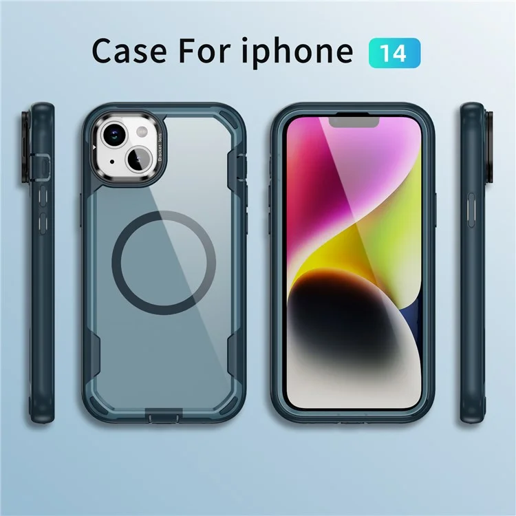 For iPhone 14 / 13 Case Compatible with MagSafe Lens Frame Kickstand TPU + PC Shockproof Phone Cover - Sapphire + Blue