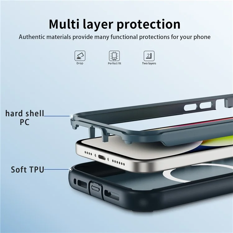 For iPhone 14 / 13 Case Compatible with MagSafe Lens Frame Kickstand TPU + PC Shockproof Phone Cover - Sapphire + Blue