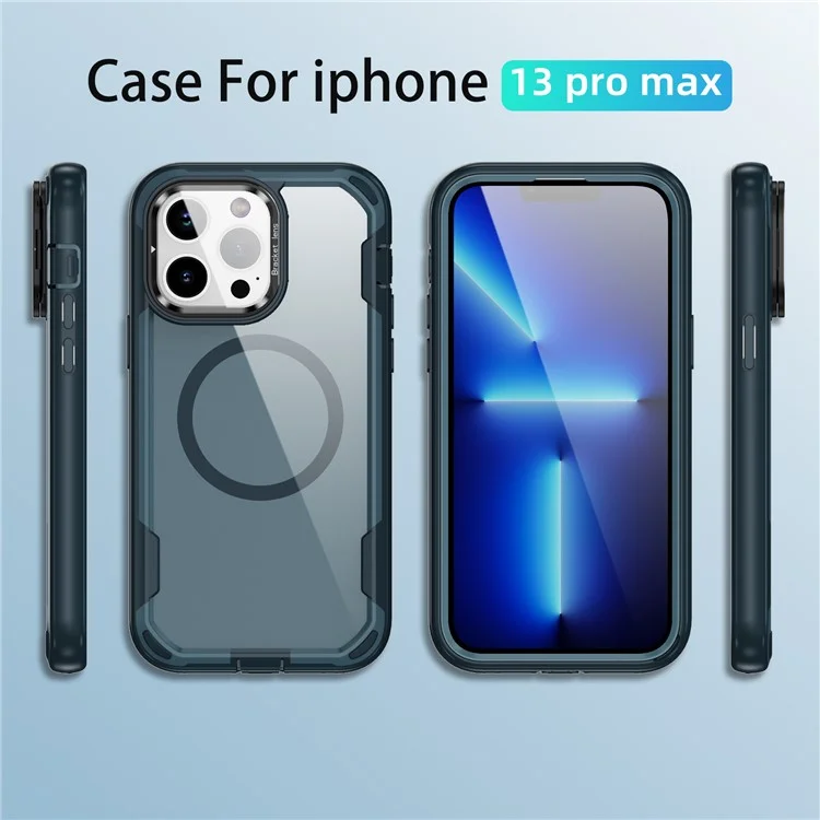 For iPhone 13 Pro Max Case Compatible with MagSafe Lens Frame Kickstand TPU + PC Shockproof Phone Cover - Sapphire + Blue