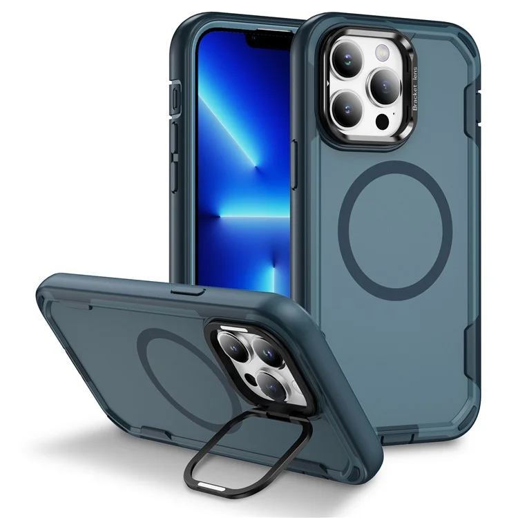 Funda para iPhone 13 Pro Compatible con MagSafe, Marco de Lente, Soporte Plegable, TPU + PC Antichoques - Azul Zafiro + Azul