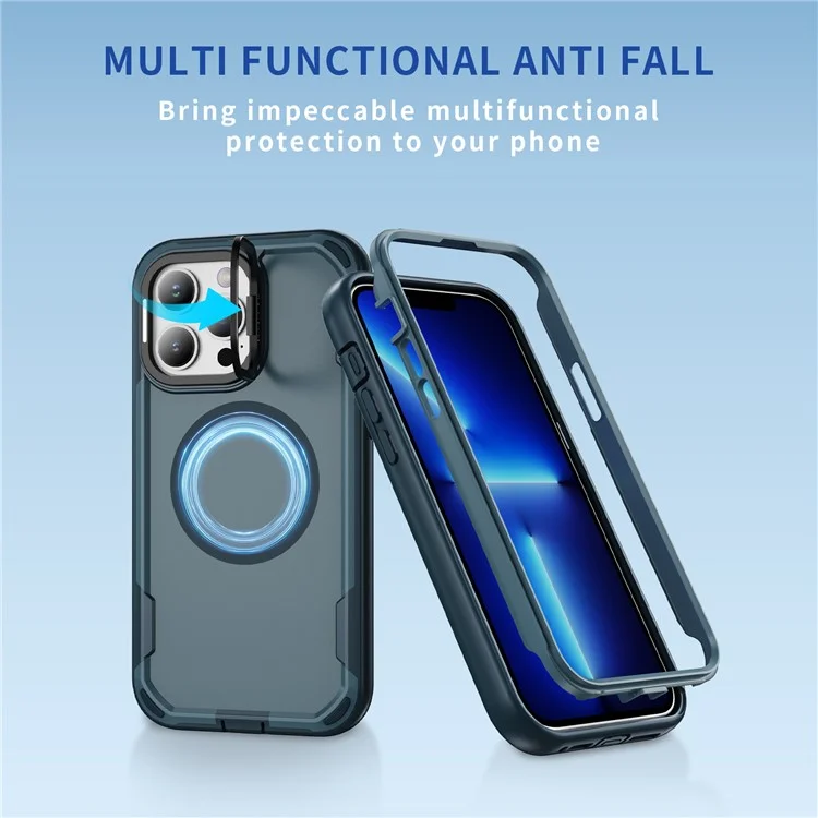 Funda para iPhone 13 Pro Compatible con MagSafe, Marco de Lente, Soporte Plegable, TPU + PC Antichoques - Azul Zafiro + Azul