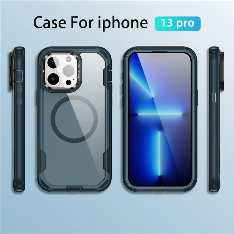 Funda para iPhone 13 Pro Compatible con MagSafe, Marco de Lente, Soporte Plegable, TPU + PC Antichoques - Azul Zafiro + Azul
