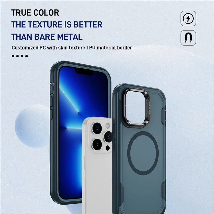 Funda para iPhone 13 Pro Compatible con MagSafe, Marco de Lente, Soporte Plegable, TPU + PC Antichoques - Azul Zafiro + Azul