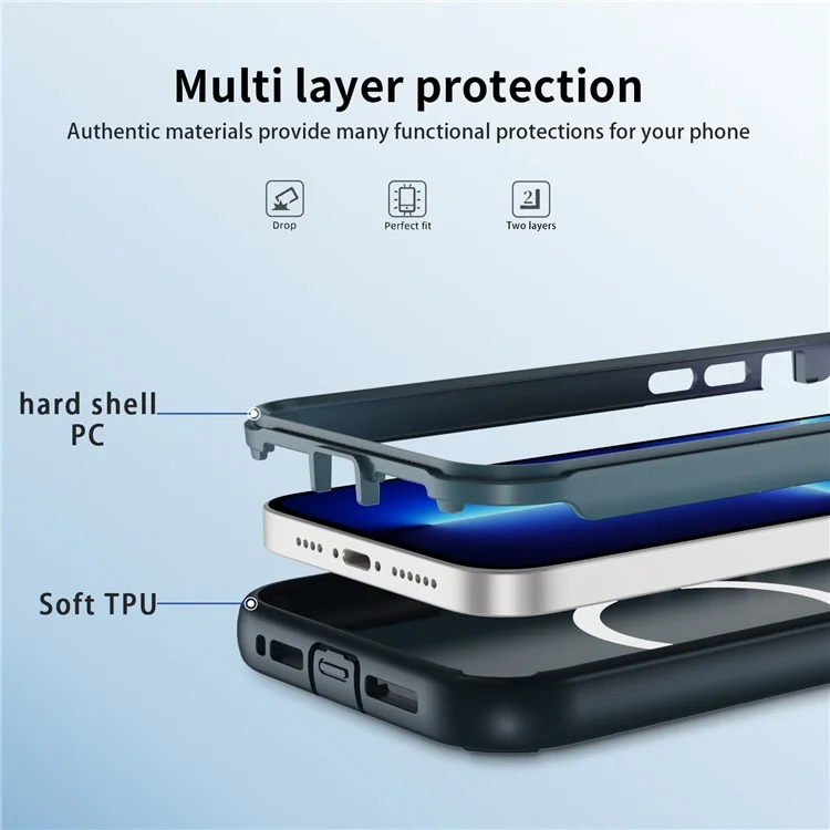 Funda para iPhone 13 Pro Compatible con MagSafe, Marco de Lente, Soporte Plegable, TPU + PC Antichoques - Azul Zafiro + Azul