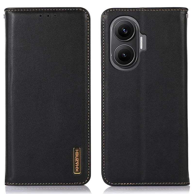 KHAZNEH For Xiaomi Poco F7 5G / Redmi Turbo 4 Pro 5G Case Wallet Genuine Cow Leather Phone Cover Nappa Texture - Black