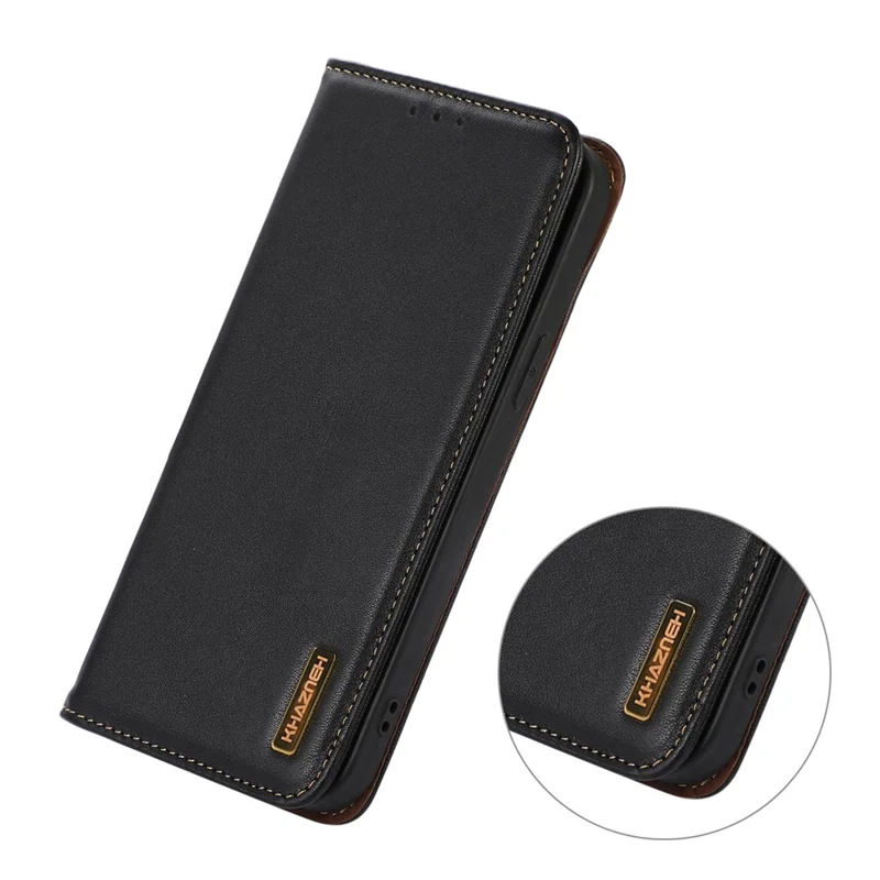 KHAZNEH For Xiaomi Poco F7 5G / Redmi Turbo 4 Pro 5G Case Wallet Genuine Cow Leather Phone Cover Nappa Texture - Black
