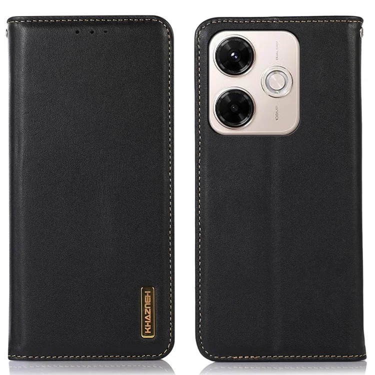 KHAZNEH For Xiaomi Redmi 13x 4G Case Wallet Genuine Cow Leather Phone Cover Nappa Texture - Black