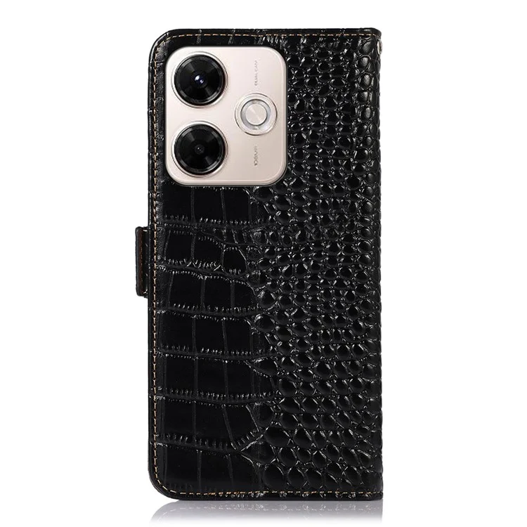 For Xiaomi Redmi 13x 4G Case Crocodile Texture Genuine Cow Leather Phone Wallet Cover - Black