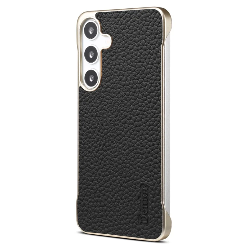 For Samsung Galaxy S25 Magnetic Case Litchi Texture Genuine Cow Leather + PC Boardless Phone Cover - Black