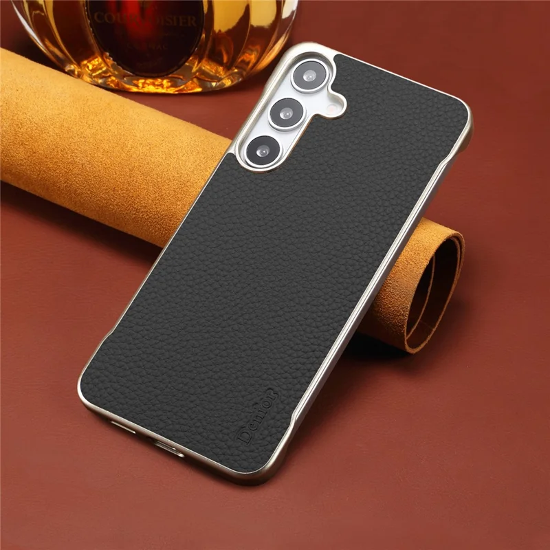For Samsung Galaxy S25 Magnetic Case Litchi Texture Genuine Cow Leather + PC Boardless Phone Cover - Black