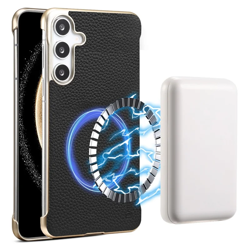 For Samsung Galaxy S25+ Magnetic Case Litchi Texture Genuine Cow Leather + PC Boardless Phone Cover - Black