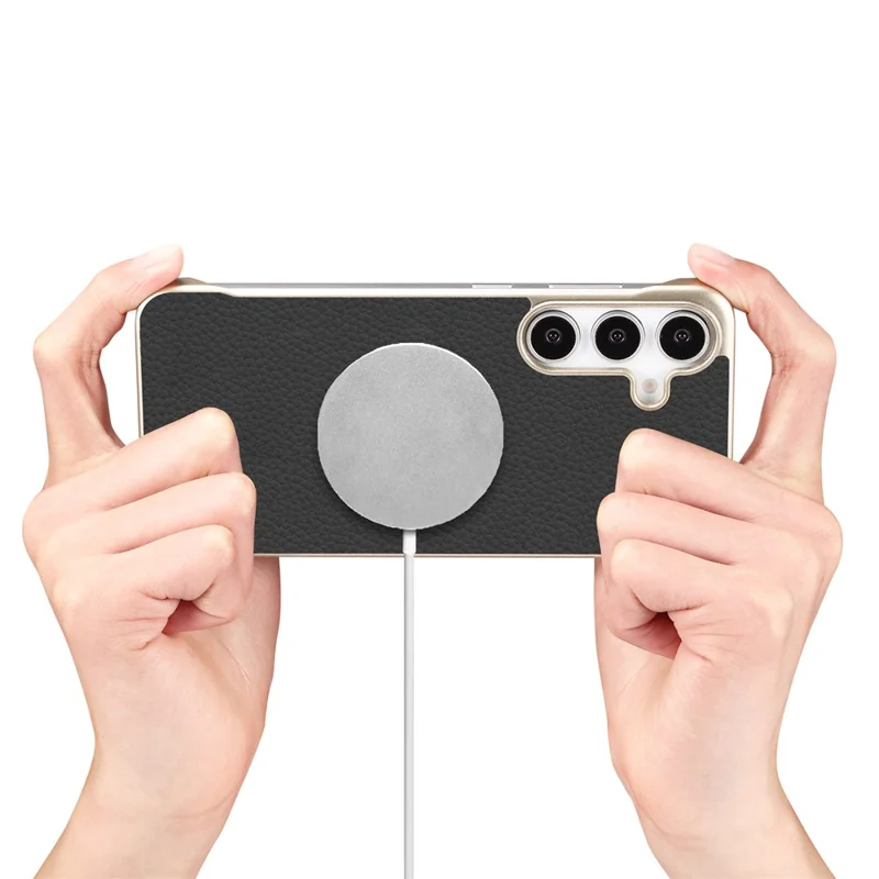 For Samsung Galaxy S25+ Magnetic Case Litchi Texture Genuine Cow Leather + PC Boardless Phone Cover - Black