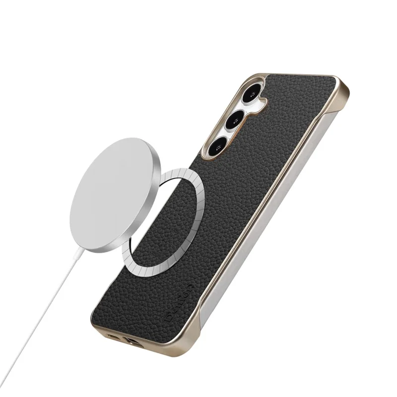 For Samsung Galaxy S25+ Magnetic Case Litchi Texture Genuine Cow Leather + PC Boardless Phone Cover - Black