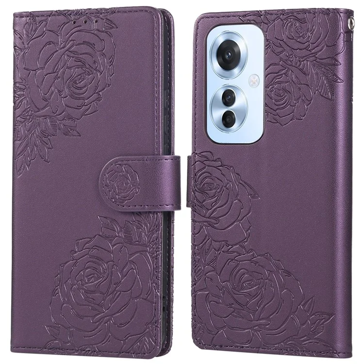 For Oppo Reno11 F 5G / F25 Pro 5G Case Rose Flower PU Leather Wallet Phone Cover with 3 Card Slots - Dark Purple
