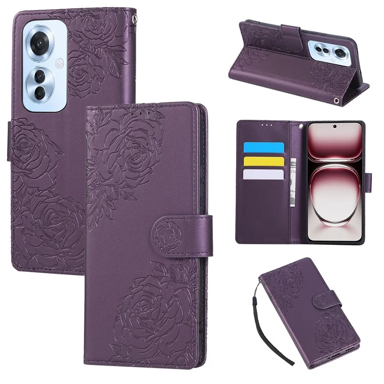 For Oppo Reno11 F 5G / F25 Pro 5G Case Rose Flower PU Leather Wallet Phone Cover with 3 Card Slots - Dark Purple