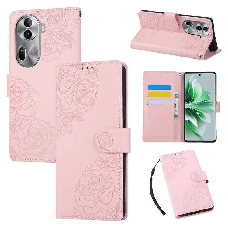 Für Oppo Reno11 Pro 5G (Global) / Reno11 (China) 5G Hülle Rosenblume PU-Leder Brieftasche Handyhülle mit 3 Kartenfächern - Roségold