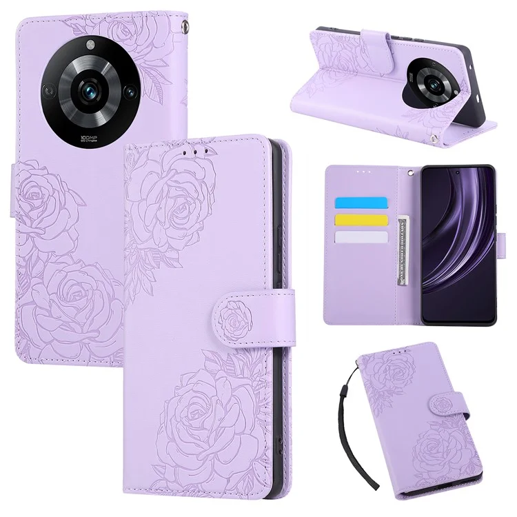 For Realme 11 Pro+ 5G / 11 Pro 5G Case Rose Flower PU Leather Wallet Phone Cover with 3 Card Slots - Light Purple