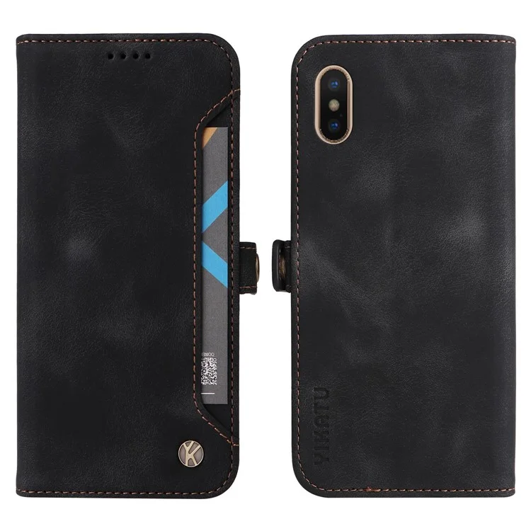 YIKATU YK-002 For iPhone X / XS 5.8 inch Outer Card Slot Design Skin-touch Feeling Folio Flip PU Leather Wallet Stand Shell Phone Case - Black