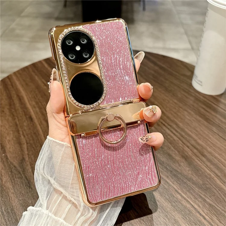 For Huawei Pocket 2 Case with Ring Holder Ripple Texture Hard PC Electroplating Phone Cover - Rose