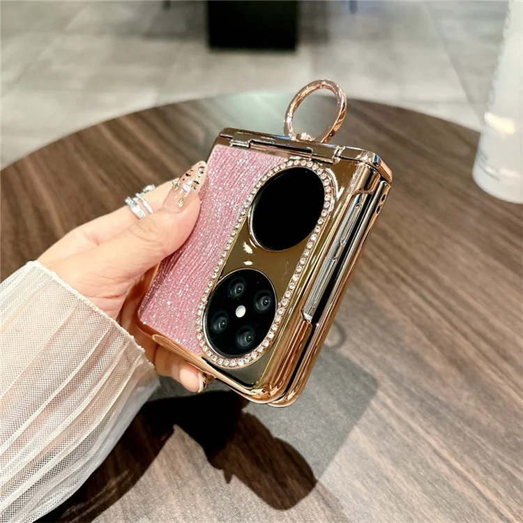 For Huawei Pocket 2 Case with Ring Holder Ripple Texture Hard PC Electroplating Phone Cover - Rose