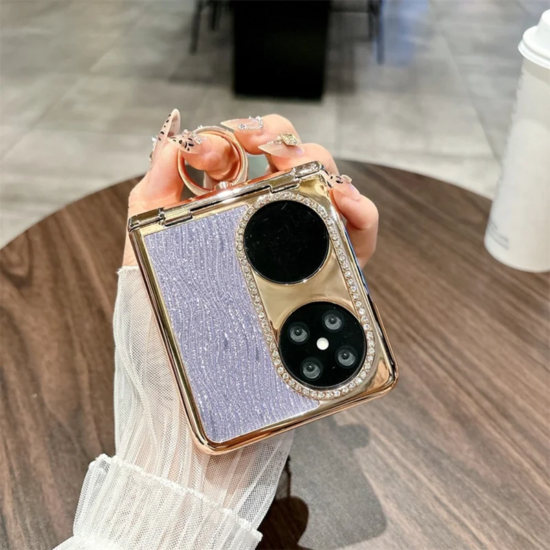 For Huawei Pocket 2 Case with Ring Holder Ripple Texture Hard PC Electroplating Phone Cover - Purple