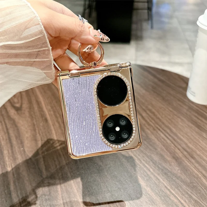 For Huawei Pocket 2 Case with Ring Holder Ripple Texture Hard PC Electroplating Phone Cover - Purple