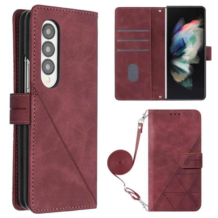 For Samsung Galaxy Z Fold3 5G Leather Case with Shoulder Strap Wallet Stand Phone Cover - Wine Red