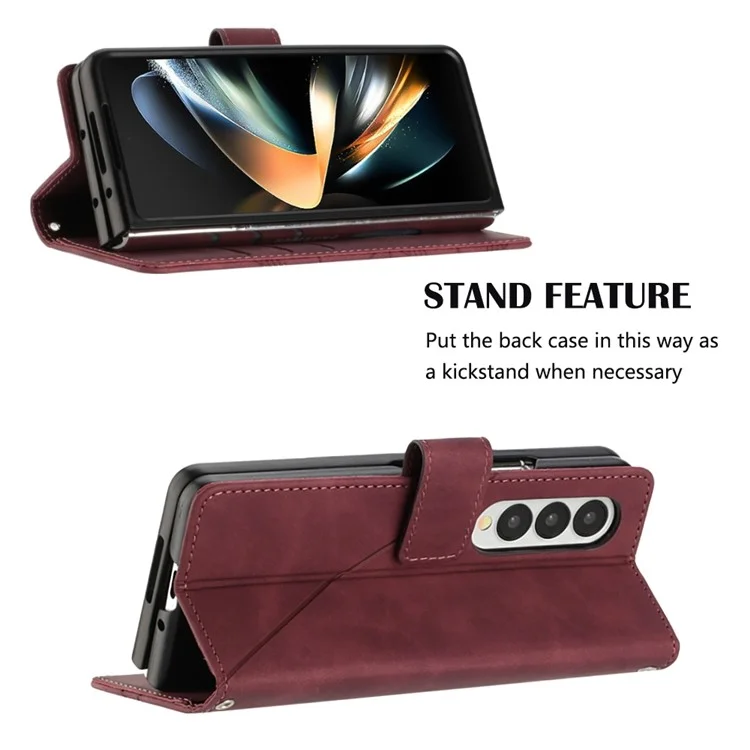 For Samsung Galaxy Z Fold3 5G Leather Case with Shoulder Strap Wallet Stand Phone Cover - Wine Red