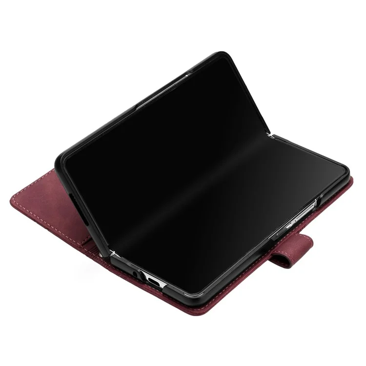 For Samsung Galaxy Z Fold3 5G Leather Case with Shoulder Strap Wallet Stand Phone Cover - Wine Red