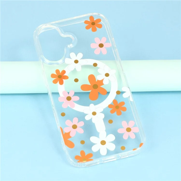 For iPhone 16 Magnetic Case IMD Flower Pattern TPU + PC Clear Back Phone Cover - Style D