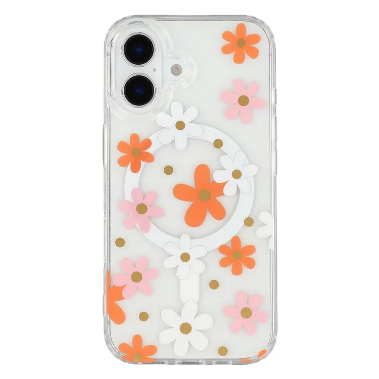 For iPhone 16 Plus Magnetic Case IMD Flower Pattern TPU + PC Clear Back Phone Cover - Style D
