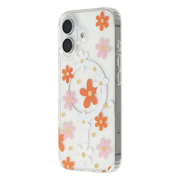 For iPhone 16 Plus Magnetic Case IMD Flower Pattern TPU + PC Clear Back Phone Cover - Style D