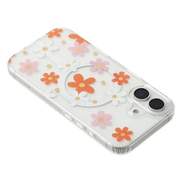 For iPhone 16 Plus Magnetic Case IMD Flower Pattern TPU + PC Clear Back Phone Cover - Style D