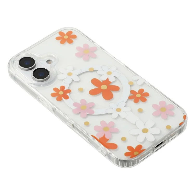 For iPhone 16 Plus Magnetic Case IMD Flower Pattern TPU + PC Clear Back Phone Cover - Style D