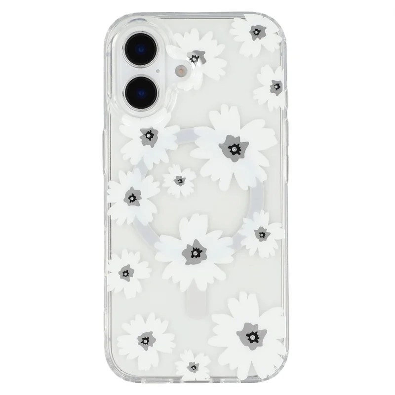 For iPhone 16 Plus Magnetic Case IMD Flower Pattern TPU + PC Clear Back Phone Cover - Style C
