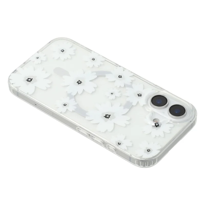 For iPhone 16 Plus Magnetic Case IMD Flower Pattern TPU + PC Clear Back Phone Cover - Style C