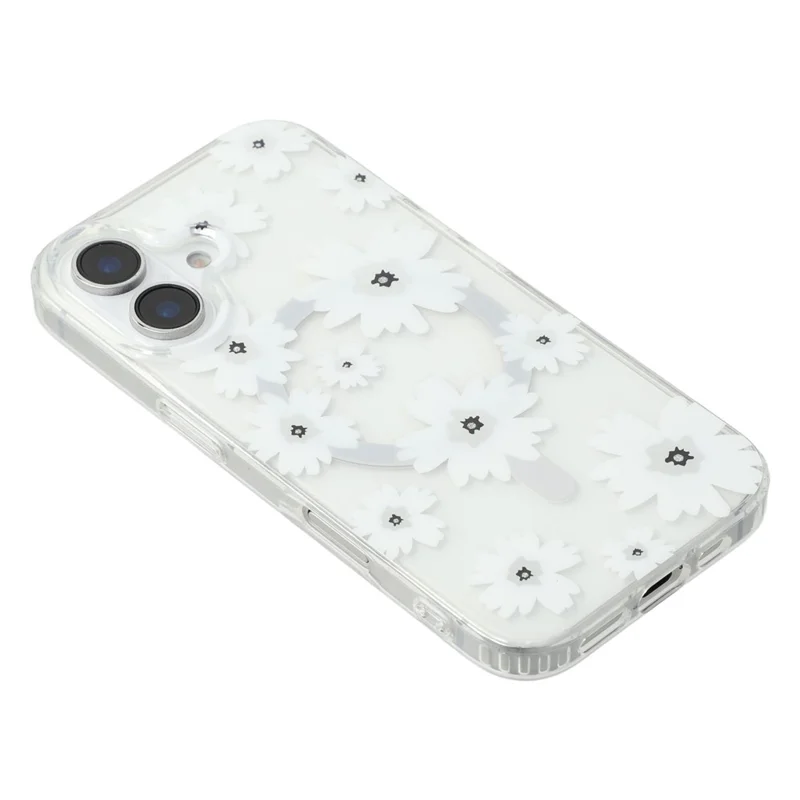 For iPhone 16 Plus Magnetic Case IMD Flower Pattern TPU + PC Clear Back Phone Cover - Style C