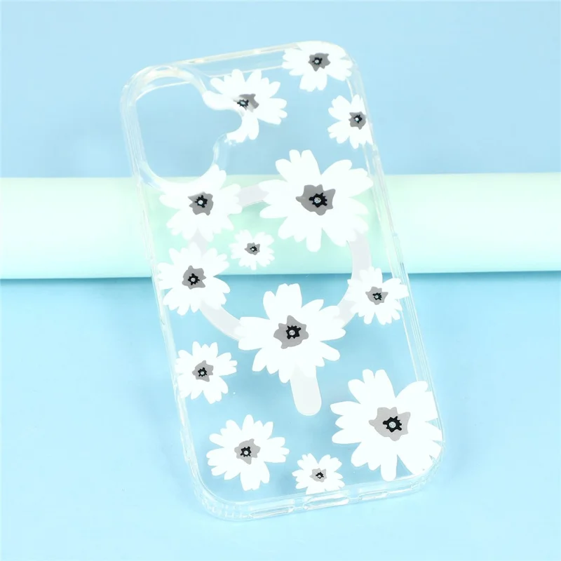 For iPhone 16 Plus Magnetic Case IMD Flower Pattern TPU + PC Clear Back Phone Cover - Style C