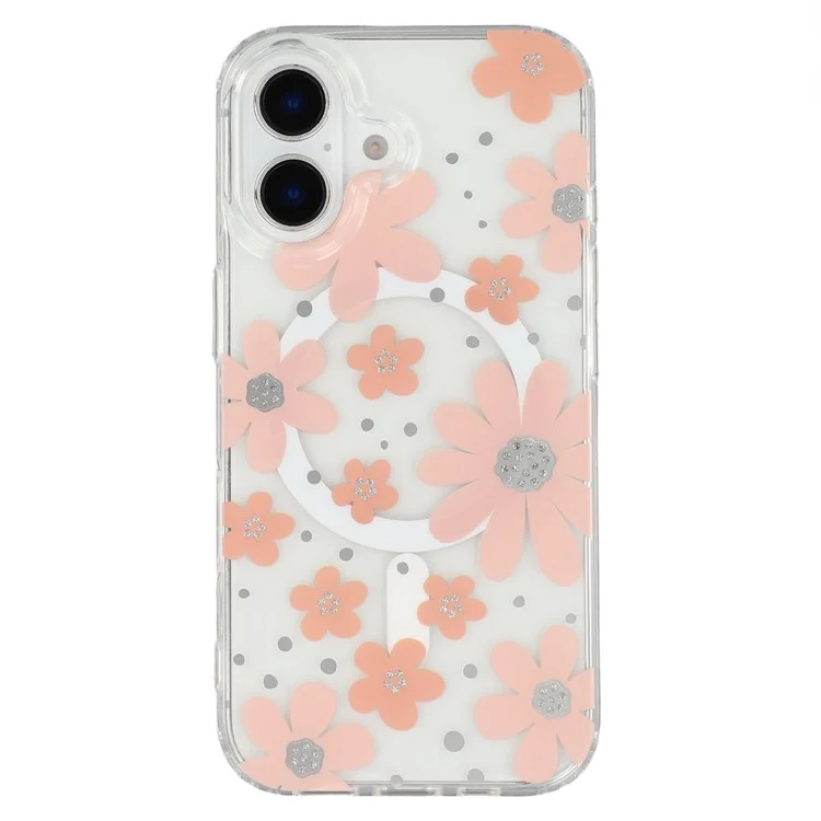 For iPhone 16 Plus Magnetic Case IMD Flower Pattern TPU + PC Clear Back Phone Cover - Style A