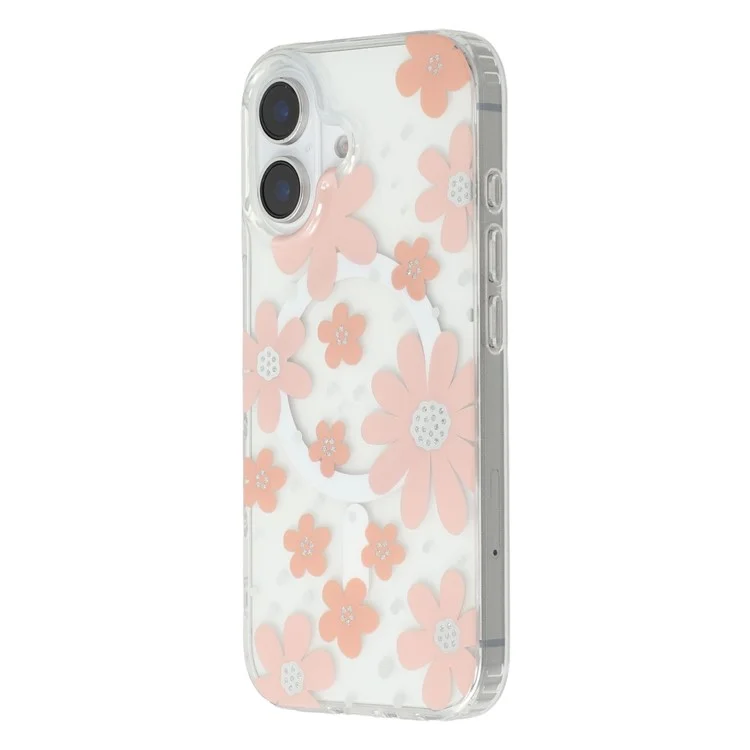 For iPhone 16 Plus Magnetic Case IMD Flower Pattern TPU + PC Clear Back Phone Cover - Style A