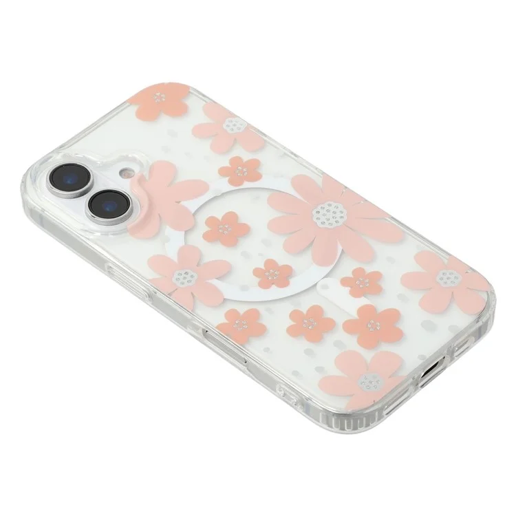 For iPhone 16 Plus Magnetic Case IMD Flower Pattern TPU + PC Clear Back Phone Cover - Style A