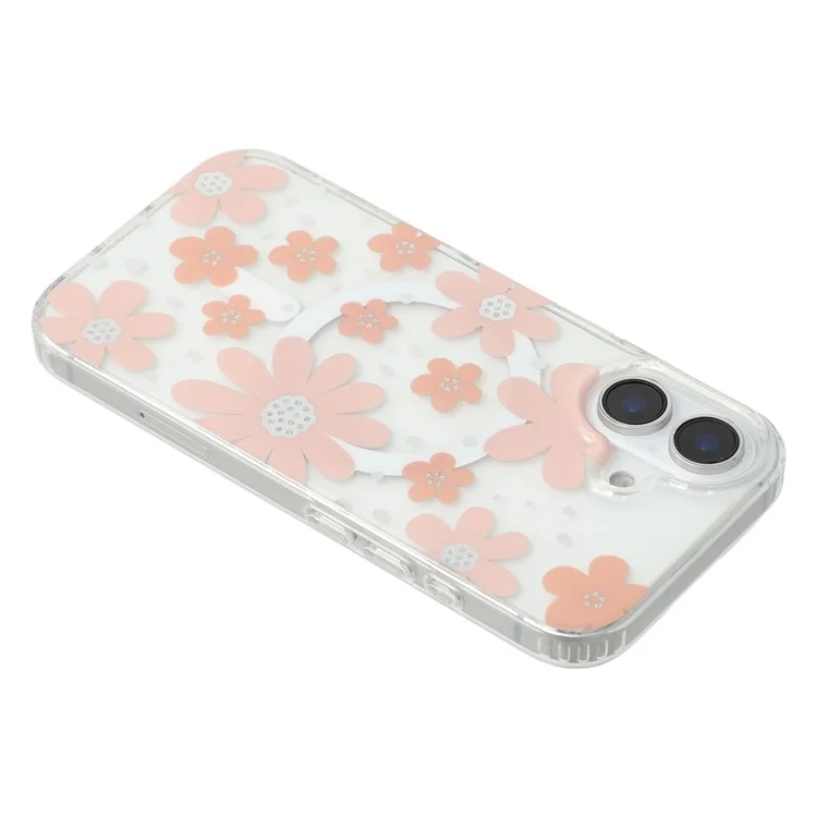 For iPhone 16 Plus Magnetic Case IMD Flower Pattern TPU + PC Clear Back Phone Cover - Style A