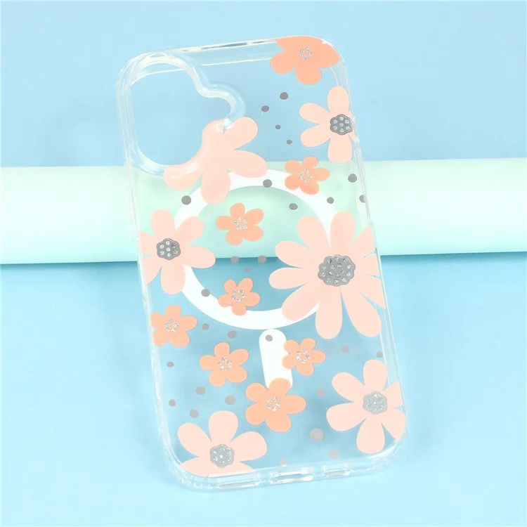 For iPhone 16 Plus Magnetic Case IMD Flower Pattern TPU + PC Clear Back Phone Cover - Style A