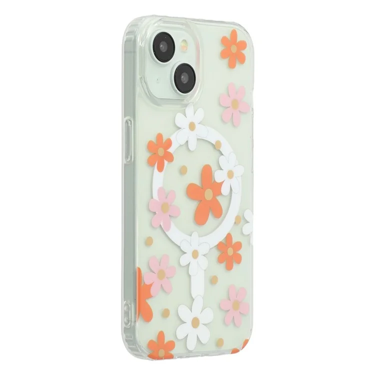 For iPhone 15 Magnetic Case IMD Flower Pattern TPU + PC Clear Back Phone Cover - Style D