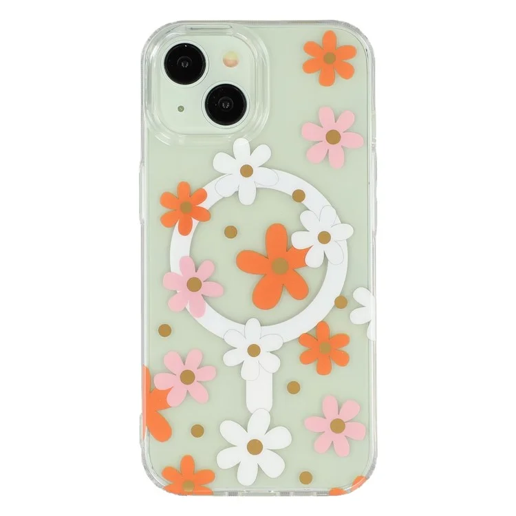 For iPhone 15 Magnetic Case IMD Flower Pattern TPU + PC Clear Back Phone Cover - Style D